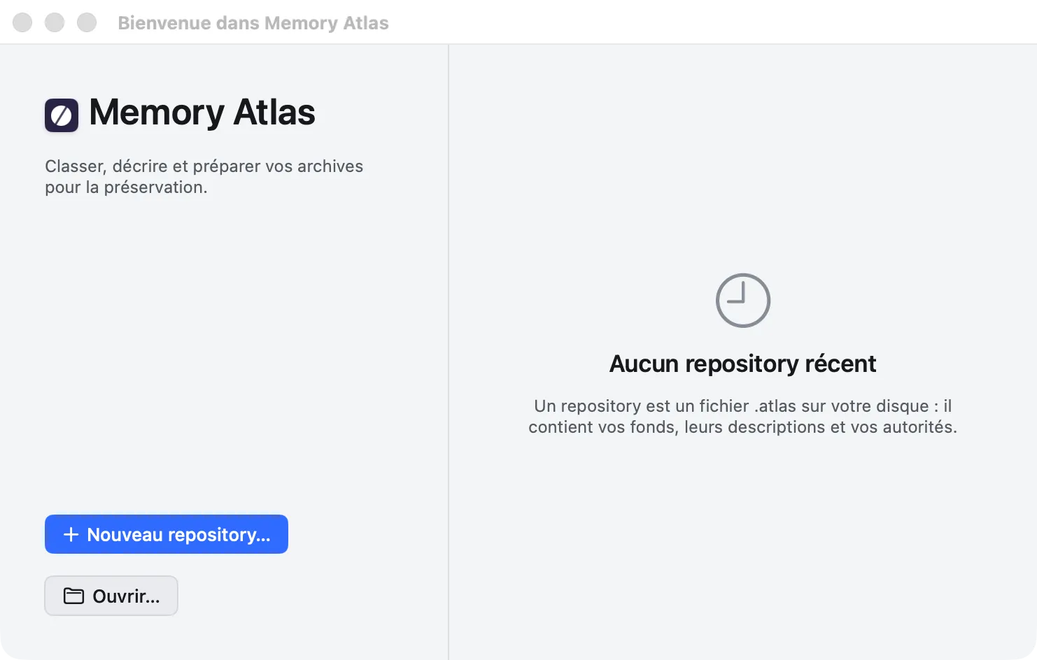 Fenêtre d’accueil au premier lancement : boutons « Nouveau repository… » et « Ouvrir… », aucun repository récent