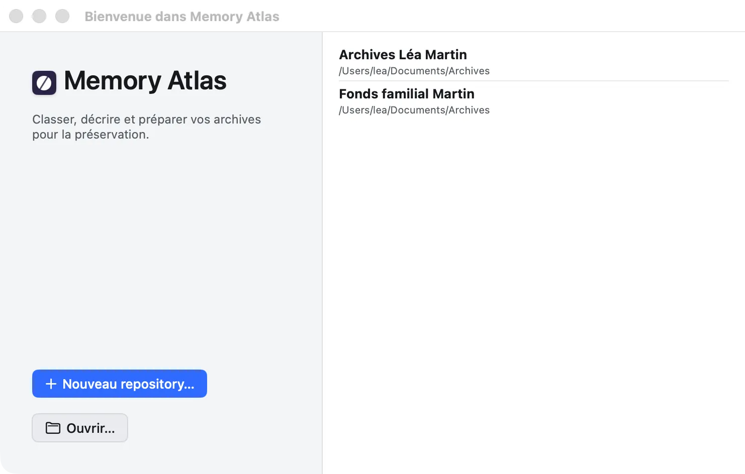Fenêtre d’accueil avec deux repositories récents, « Archives Léa Martin » et « Fonds familial Martin »