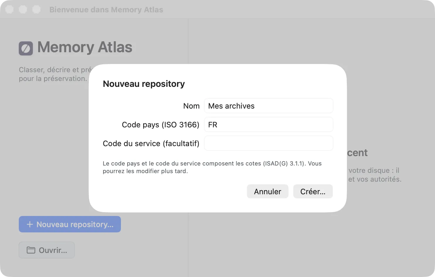 Feuille « Nouveau repository » : champs Nom, Code pays (ISO 3166) et Code du service (facultatif), boutons Annuler et Créer…