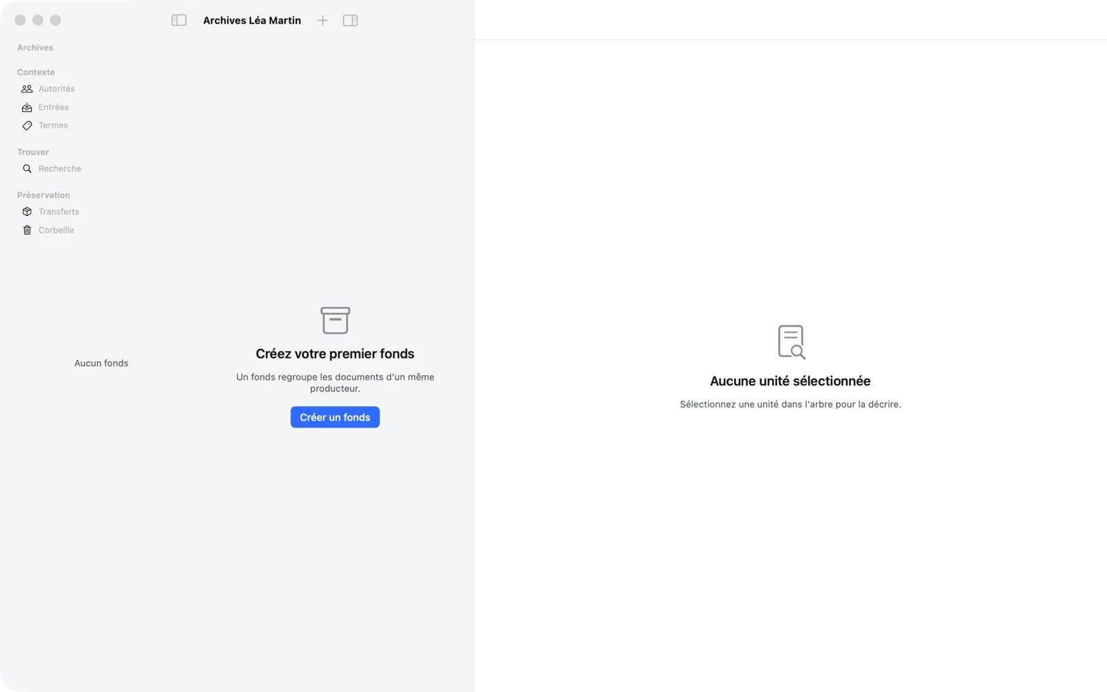 Repository vide : barre latérale avec les destinations Autorités, Entrées, Termes, Recherche, Transferts et Corbeille ; au centre « Créez votre premier fonds »