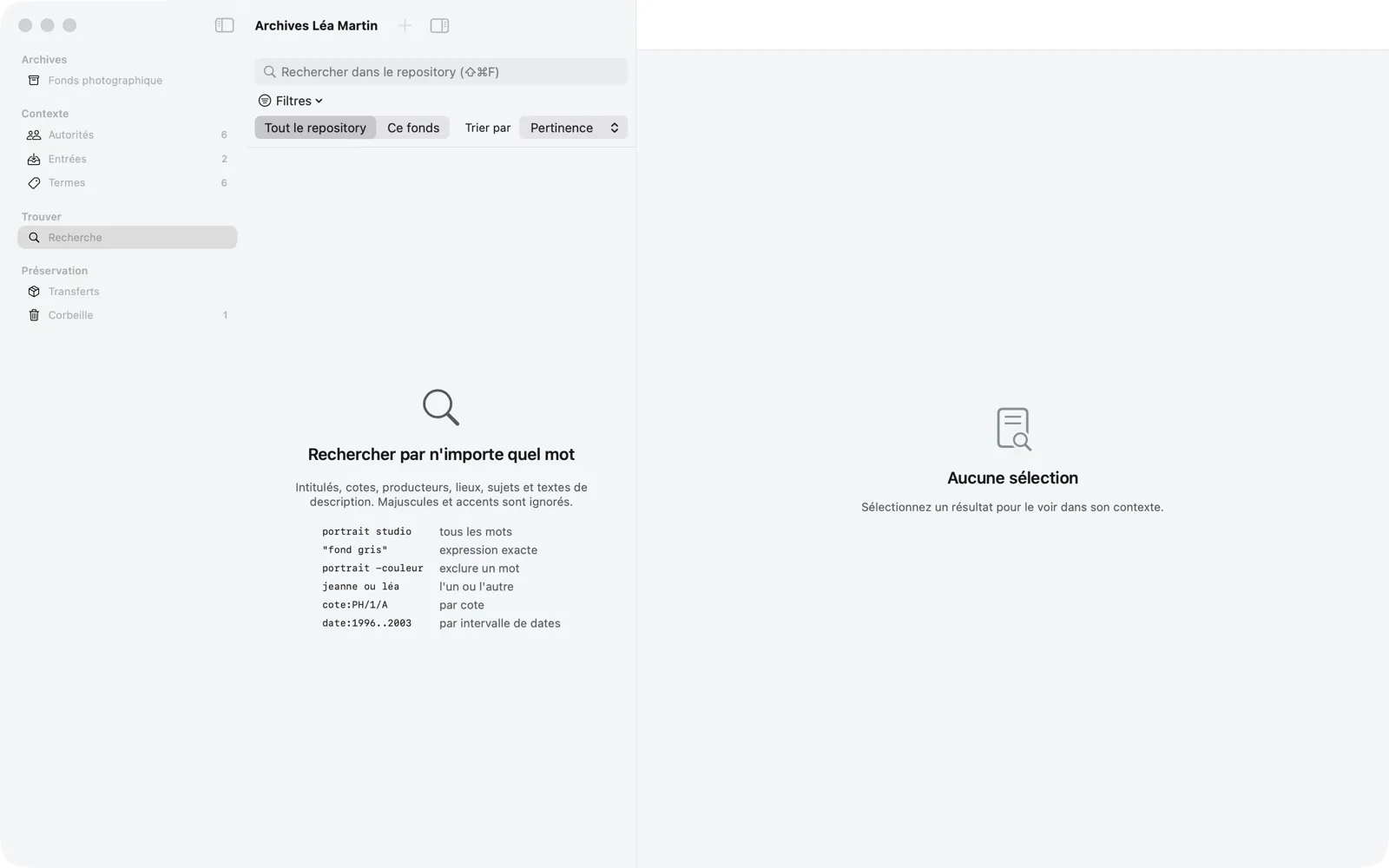 Destination Recherche vide : « Rechercher par n’importe quel mot », avec les exemples de syntaxe
