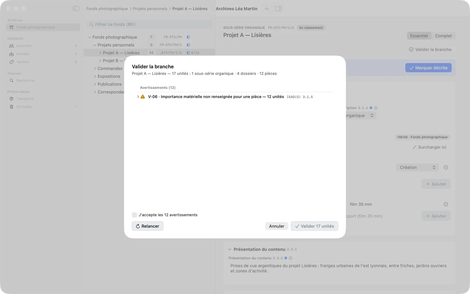 Feuille Valider la branche sans erreur : Avertissements (12), case « J’accepte les 12 avertissements », bouton « Valider 17 unités »