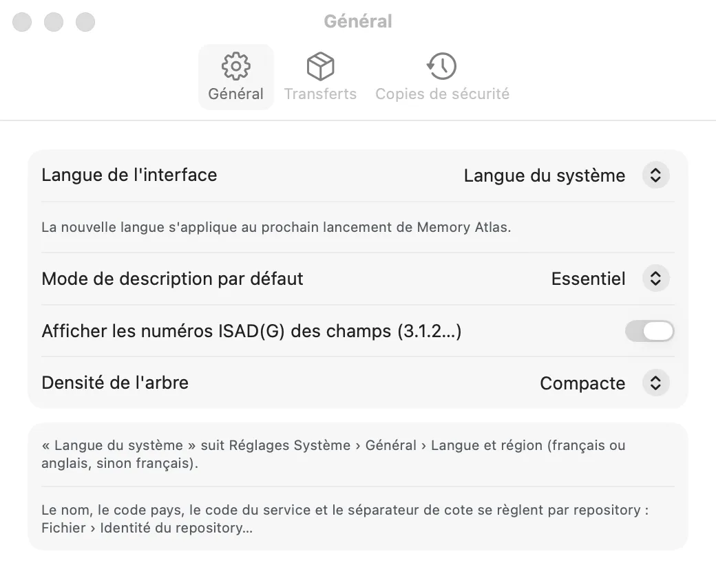 Réglages, onglet Général : Langue de l’interface, Mode de description par défaut, Afficher les numéros ISAD(G) des champs, Densité de l’arbre