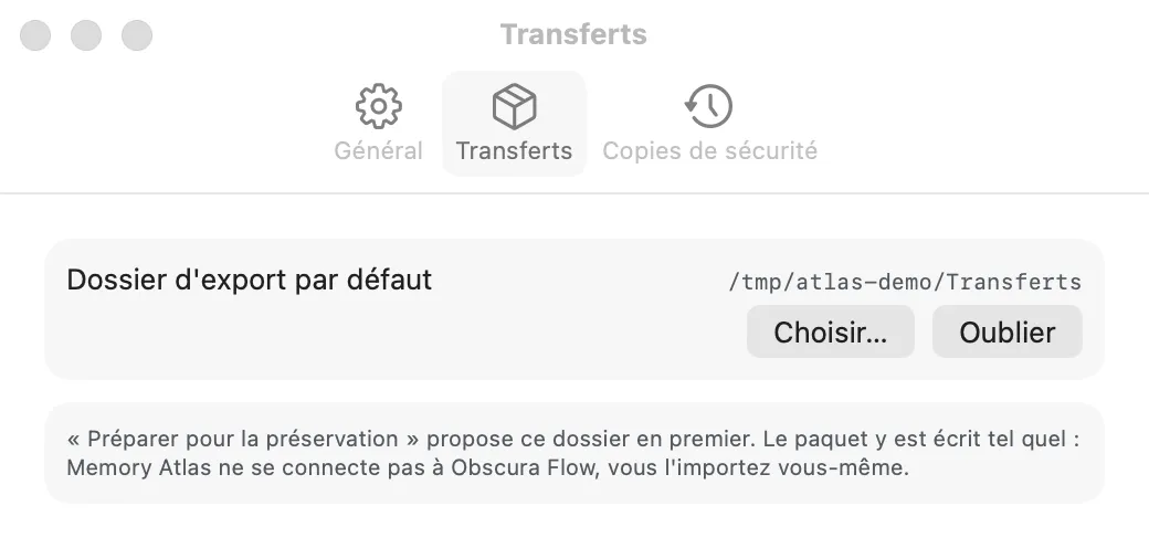Réglages, onglet Transferts : Dossier d’export par défaut, boutons Choisir… et Oublier
